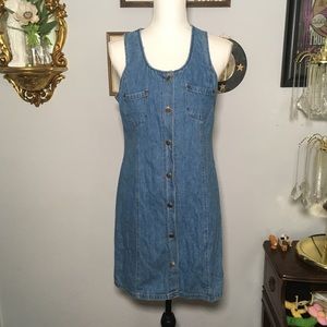 90s Vintage Faded Glory Blue Denim Sleeveless Button Down Mini Dress M